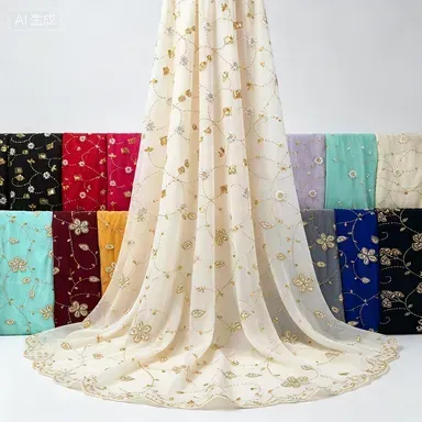 Golden Floral Embroidery Sequins Chiffon African Gele Women Head Wrap Hijab Scarf Many Colors Available