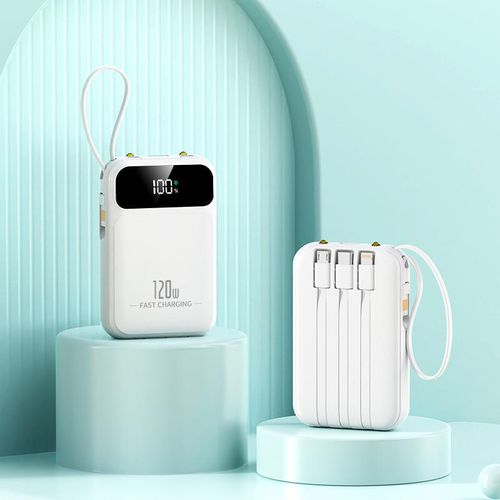 Portable fast-charging power bank with four built-in charging cables and an LED digital display
