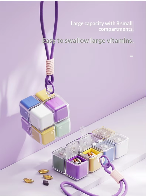 PC plastic cube-shaped pill box, portable pill dispenser with sealed compartments