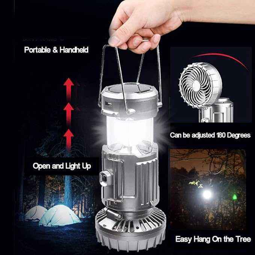 Solar-powered outdoor camping fan with LED light strip, 4-in-1 multi-functional portable rechargeable USB fan