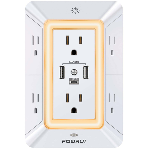 Six AC and three USB multi-safety sockets with Type-C and DC ports, compatible with US laptop sockets.