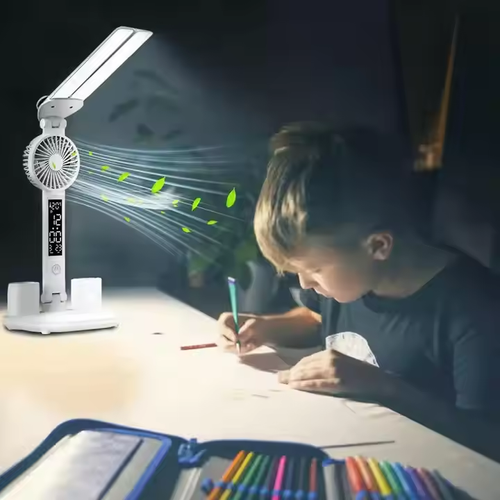 LED light eye protection adjustable alarm clock multi-function learning smart desk lamp with fan