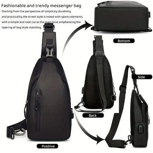 Black High Quality Korean Style Fashion Shoulder Bag Large Capacity Waterproof Men's PU Chest Bag Printed Logo