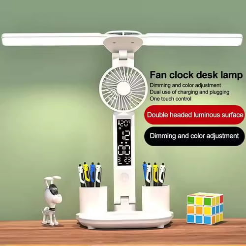 LED light eye protection adjustable alarm clock multi-function learning smart desk lamp with fan