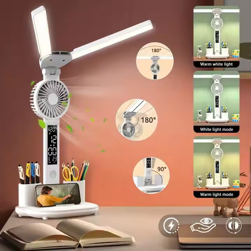 LED light eye protection adjustable alarm clock multi-function learning smart desk lamp with fan