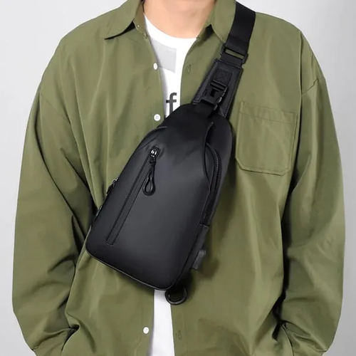 Black High Quality Korean Style Fashion Shoulder Bag Large Capacity Waterproof Men's PU Chest Bag Printed Logo