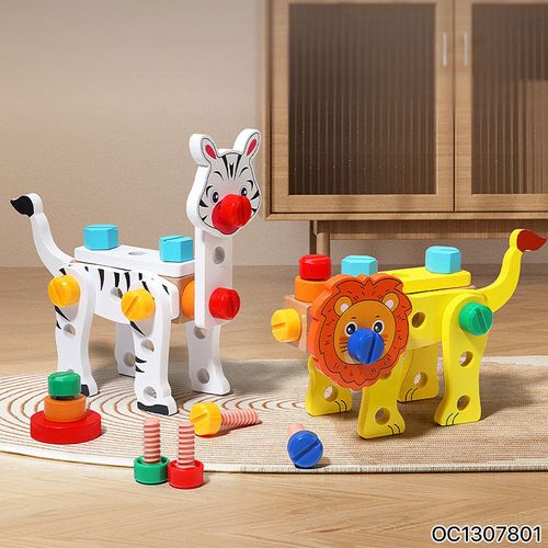 Newest Pretend Play Educational Animal Block Kids Wooden Tool Toys Set Kit Toy