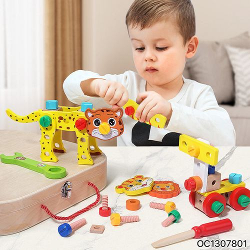 Newest Pretend Play Educational Animal Block Kids Wooden Tool Toys Set Kit Toy
