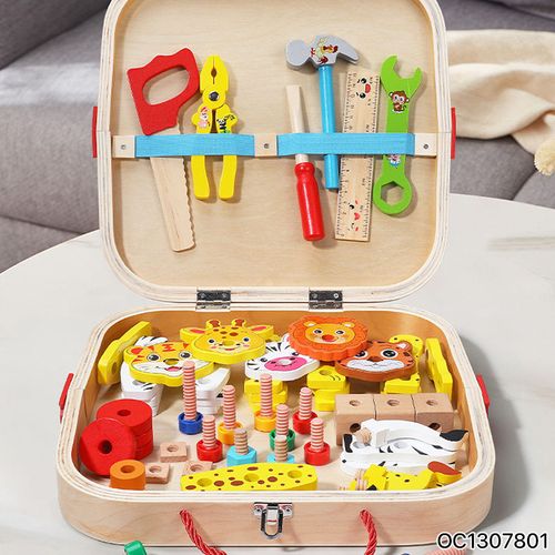 Newest Pretend Play Educational Animal Block Kids Wooden Tool Toys Set Kit Toy