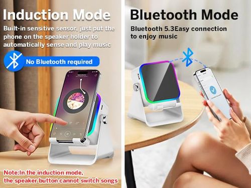 PUTARE Wireless Induction Audio Speaker Stand, 5in1 Cellphone Holder, 3500mAh Rechargeable Emergency Power Bank,360° Adjustable Mobile Tablet Stand with Colorful Ambient Light Gifts for Men Women, tiktokshopbacktoschool