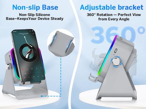 PUTARE Wireless Induction Audio Speaker Stand, 5in1 Cellphone Holder, 3500mAh Rechargeable Emergency Power Bank,360° Adjustable Mobile Tablet Stand with Colorful Ambient Light Gifts for Men Women, tiktokshopbacktoschool