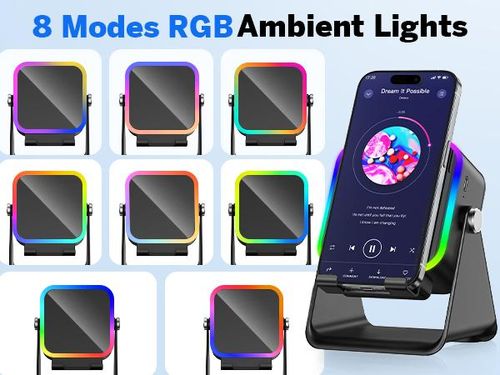 PUTARE Wireless Induction Audio Speaker Stand, 5in1 Cellphone Holder, 3500mAh Rechargeable Emergency Power Bank,360° Adjustable Mobile Tablet Stand with Colorful Ambient Light Gifts for Men Women, tiktokshopbacktoschool