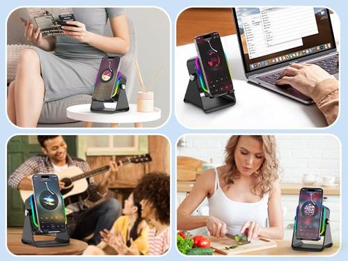 PUTARE Wireless Induction Audio Speaker Stand, 5in1 Cellphone Holder, 3500mAh Rechargeable Emergency Power Bank,360° Adjustable Mobile Tablet Stand with Colorful Ambient Light Gifts for Men Women, tiktokshopbacktoschool