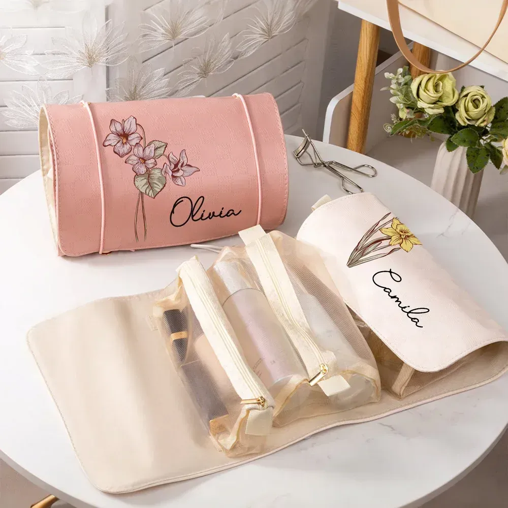 Personalized Birth Flower Dainty PU Leather Makeup Bag with Name Travel Essentials Daily Use Birthday Gift for Women