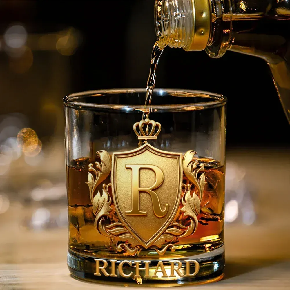 Badge whiskey glasses can be personalized with initials and names.