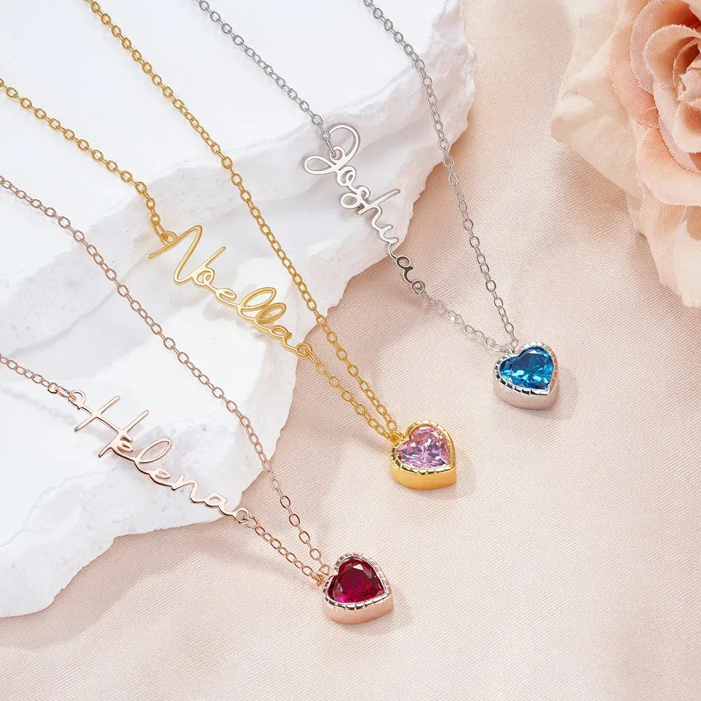 Personalized Heart Birthstone Pendant Necklace with Name Dainty Jewelry Birthday Anniversary Gift for Women Girls