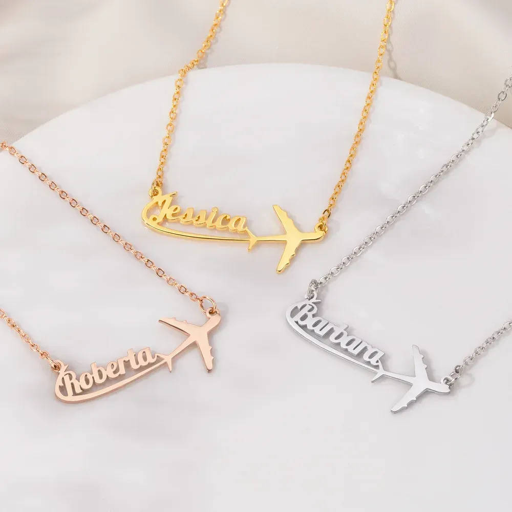 Personalized Airplane Sterling Silver Name Women Necklace Dainty Jewelry Birthday Anniversary Gift for Travel Lovers Pilots Flight Attendants