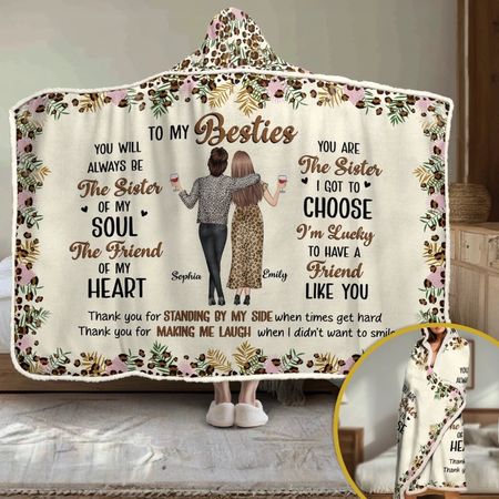 Custom Snuggle Blanket, Hoodie Blanket - Personalized Best Friend Birthday Gifts For Women, Besties, Sisters, BFF - Smiles Shine Stronger With Friends