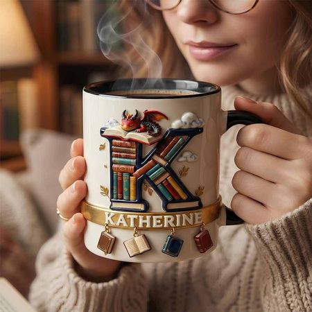 Vintage Book Dragon Alphabet Initial Letter Accent Mug, Personalized Gifts For Book Lovers