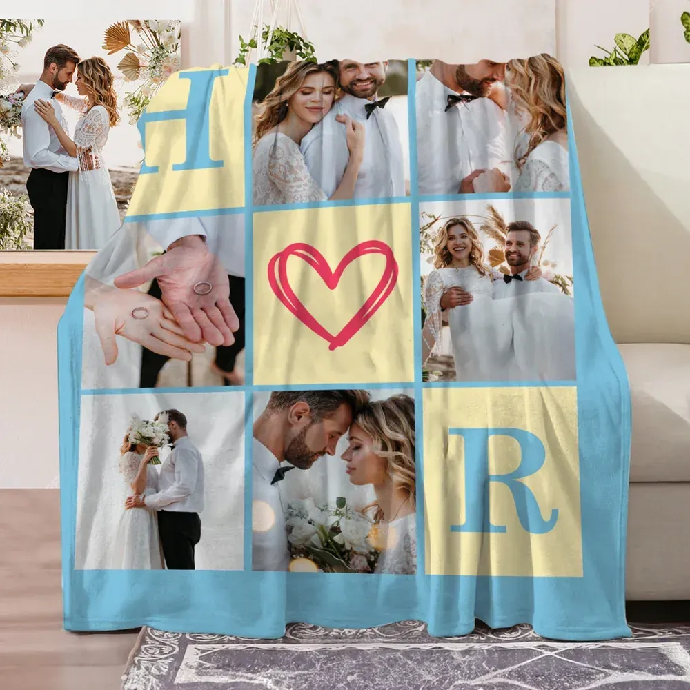 Personalized 6 Photos Collage Initial Soft Throw Blanket Home Decor Anniversary Valentine's Day Birthday Gift for Family Couples