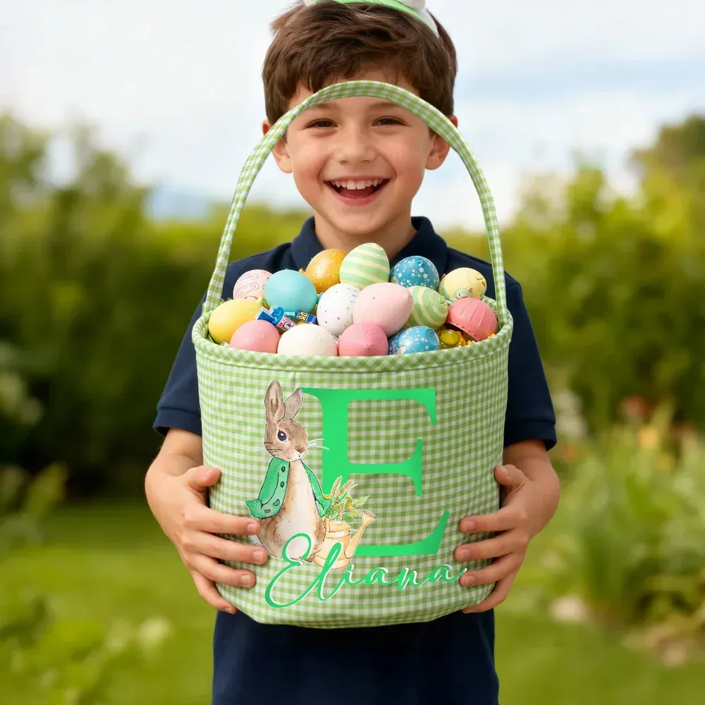 Personalized Multi-Color Cute Bunny Rabbit Large Capacity Plaid Easter Basket with Name and Initial Easter Egg Hunting Party Gift for Kids