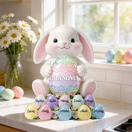 A cute bunny-shaped pillow holding an Easter egg – a unique spring gift for grandma.