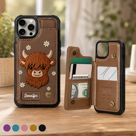 Personalized Highland Cow Wallet Phone Case – Cute Custom Name Card Holder Case🎁