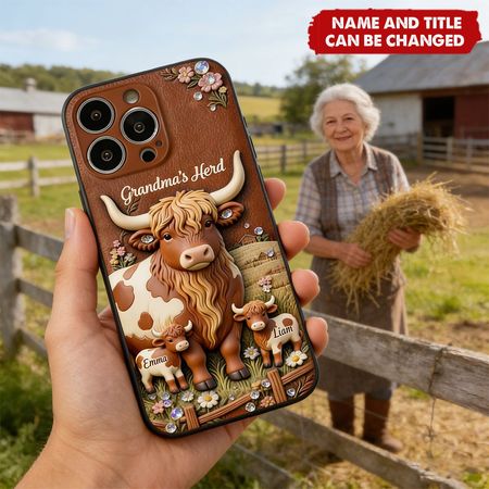 Personalised Highland Cow Magnetic Leather Phone Case – Sweet Family Gift for Grandma
