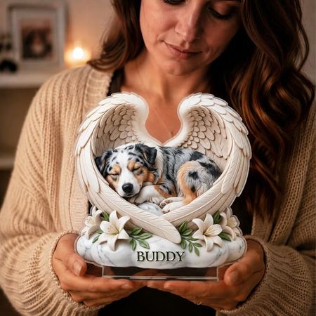 Personalized Pet Photo Acrylic Memorial with Angel Wings & Custom Name