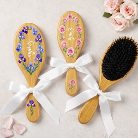 Custom Birth Month Flower Hair Brush - Personalized Thank You Graduation Birthday Gifts For Her, Friends, Sisters, Daughters, Mother, Bridesmaid - Besties Always Stick Together