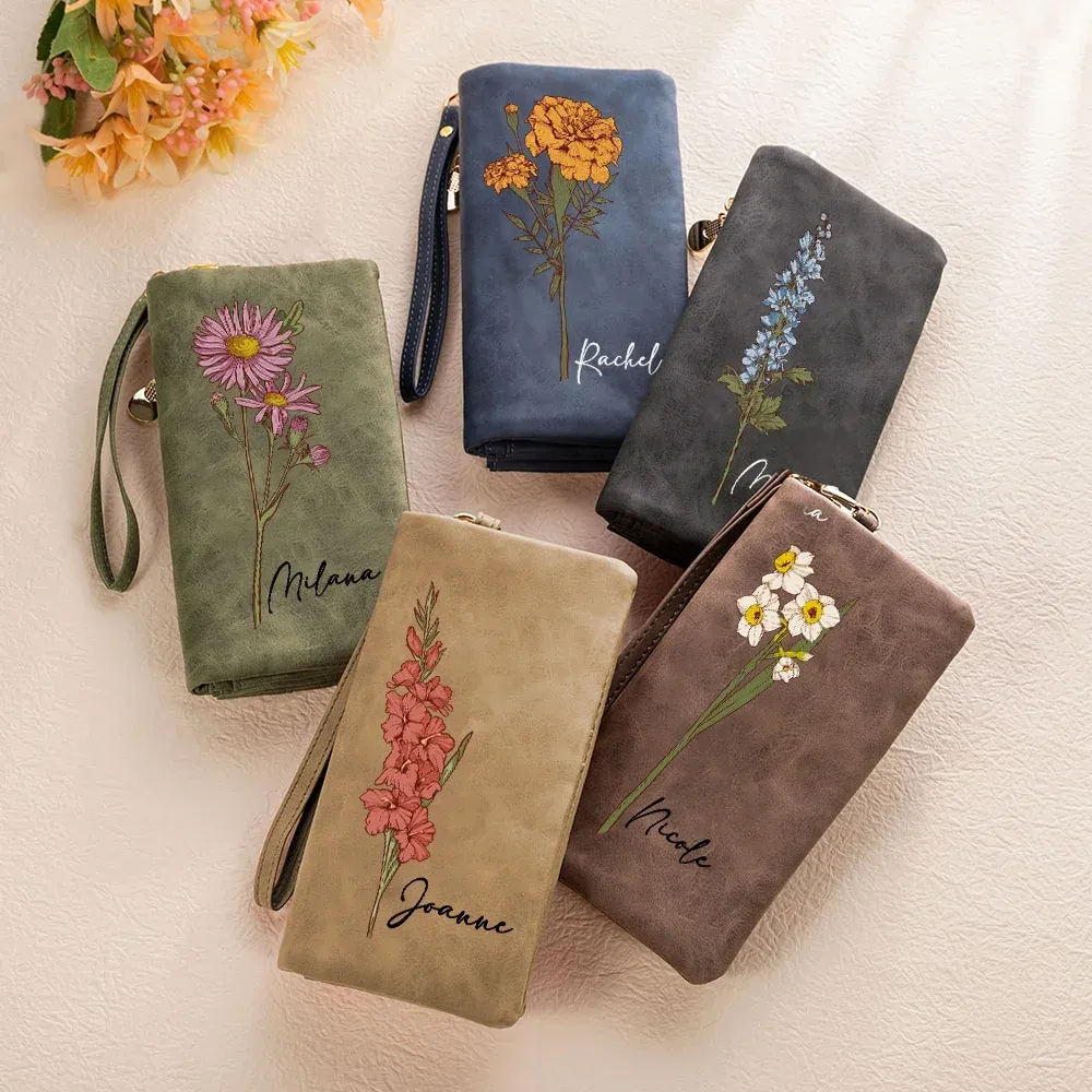 Custom Name Watercolor Birth Flower Tri-Fold Wristlet Wallet, Leather Card Holder with Wrist Strap, Birthday Anniversary Christmas Gift for Women