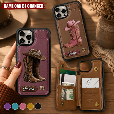 Personalized Cowgirl Boots Leather Wallet Phone Case – Custom Name Western Phone Case with Card Holder