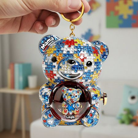 Mama Bear Autism Keychain – Personalized Puzzle Bear Gift 🧩💙