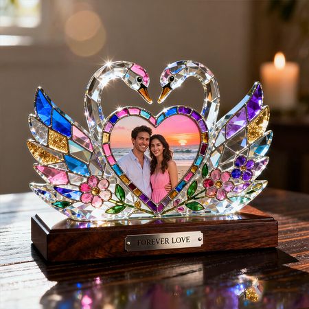 Personalized stained glass swan heart themed photo ornament