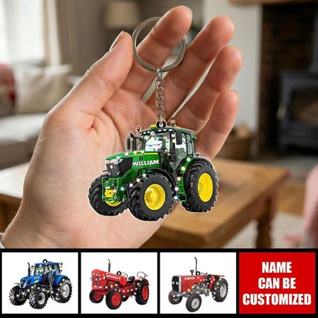 Personalized Christmas Tractor Keychain – Custom Holiday Gift for Farmers and Tractor Fans