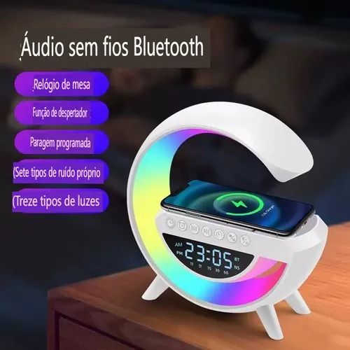 Luz ambiente multifuncional, altifalante Bluetooth, carregador sem fios