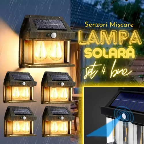 Set 4 Lampi Solare cu Bec Dublu, Senzori Miscare, De Perete, Lumina Galbena