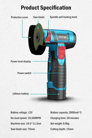 Multifunctional brushless angle grinder for cutting, grinding and polishing + 2 batteries