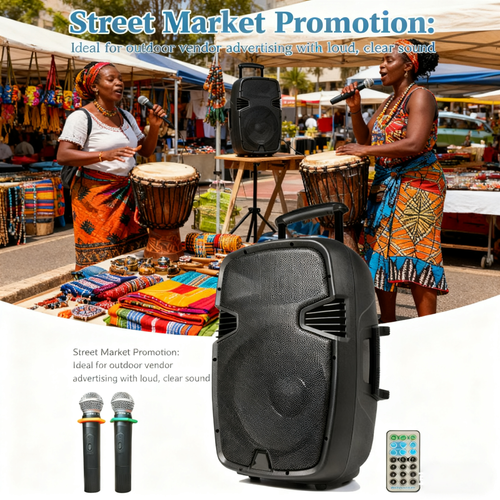 Ghana Must-Have High-Volume Bluetooth Outdoor Speaker with Wireless Mics – Ideal for Parties, Gatherings & More!