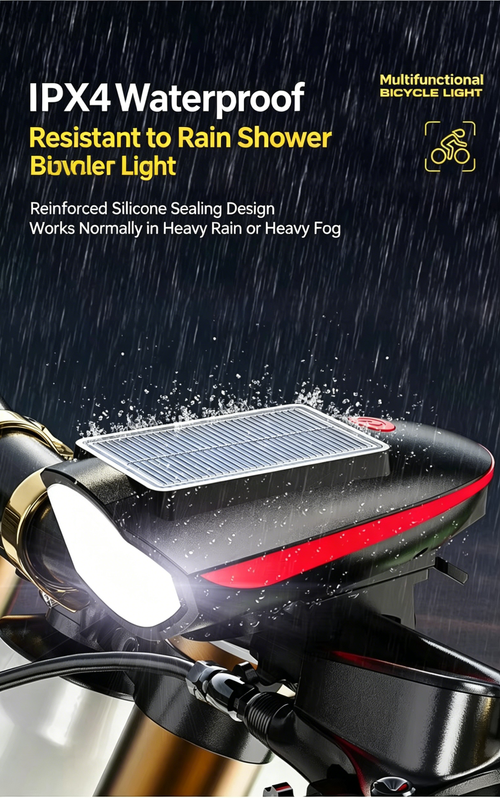 Solar-powered mountain bike headlight with horn