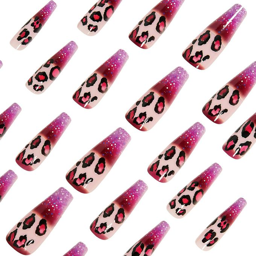 Trendy Long Ballet Purple Leopard Press-on Nails - Sparkling Colorful Starry Sky Dot Design, Reusable Nails, Fashionable Nail Stickers for Women