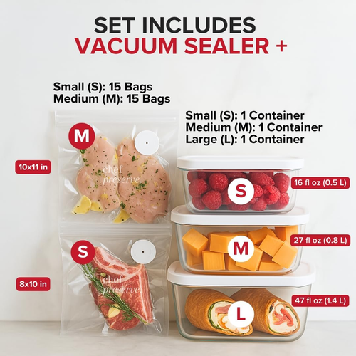 Preserve Compact Vacuum Sealer for Food (Vacuum Sealer Machine + 3 Reusable Vacuum Bags) Powerful Handheld Vacuum Seal Machine, Seal Meal Saver, Portable Food Sealer