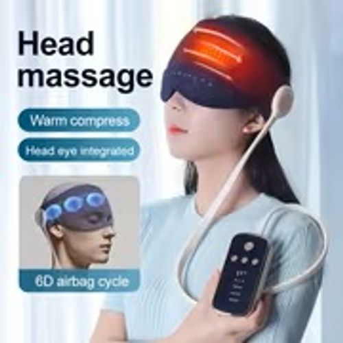 A Blue Wireless Portable USB-rechargeable Smart Head Massager with an Independent Remote Control for Convenient Operation. Features a Comprehensive Head and Eye Massage Design with 6D Surround-wrapped Safety Airbag for Circulating Massage