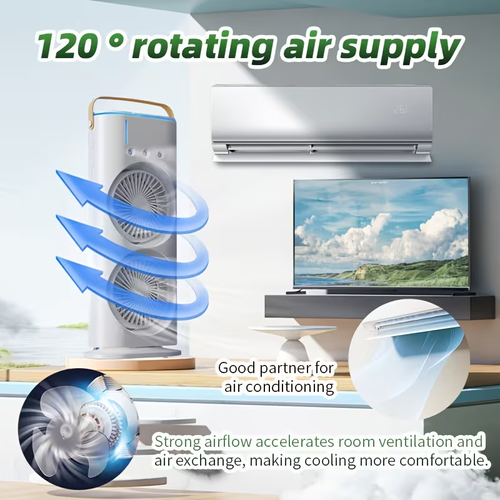 Portable Mini AC Fan with Cooling Mist, USB Power, No Battery Needed - Double Headed, Adjustable Wind Direction, 3 Speeds, Warm Colorful Night Light, Ideal for Summer Cooling, Desktop Powerful Fan, Air Cooler, All-Season Air Conditioner, Portable Air Conditioner | Modern Aesthetic | USB Powered Fan, Portable Air Conditioner