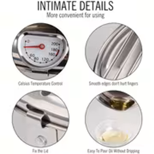 Single Professional Jumi Japanese Tempura Frying Pot - Induction-Compatible Stainless Steel with Integrated Thermometer - 2.2L Capacity for Home Cooking & Outdoor Use - Features Oil Drain Spout, Splash Guard Lid & Heat-Resistant Handles