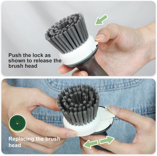 CQT Dish Brush with Soap Dispenser for Dishes, Kitchen Sink, Pot, Pan Scrubbing, 1 Brush 2 Refills