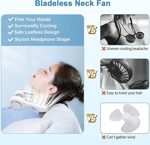 Portable Neck Fan, Rechargeable Personal Neckband Hands Free Bladeless Fan, 360° Surround Vaneless Hanging Neck Fans with 3 Speeds Adjustable
