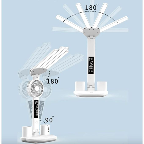 3In1 Multifunctional Desk Lamp LED Four-Head Folding With Fan Calendar Clock