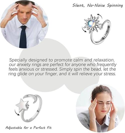 2 PCS Fidget Rings for Anxious Women Relieve Anxiety Rings Silver Swivel Ring with Beads Adjustable Open Fidget Ring for Girls Women Spinner Rings for Anxiety Relieving