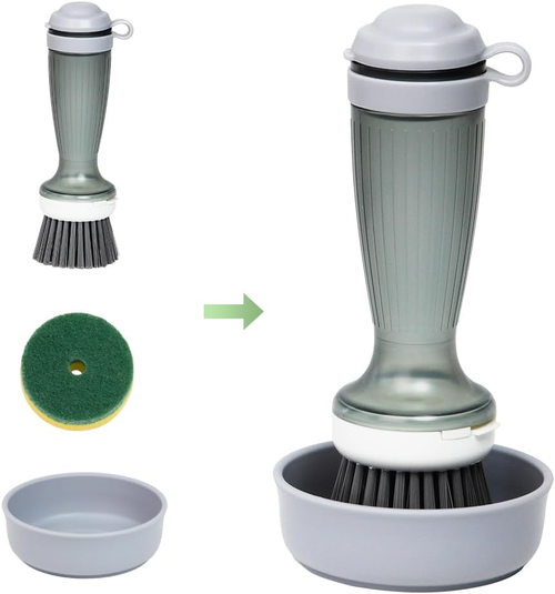 CQT Dish Brush with Soap Dispenser for Dishes, Kitchen Sink, Pot, Pan Scrubbing, 1 Brush 2 Refills